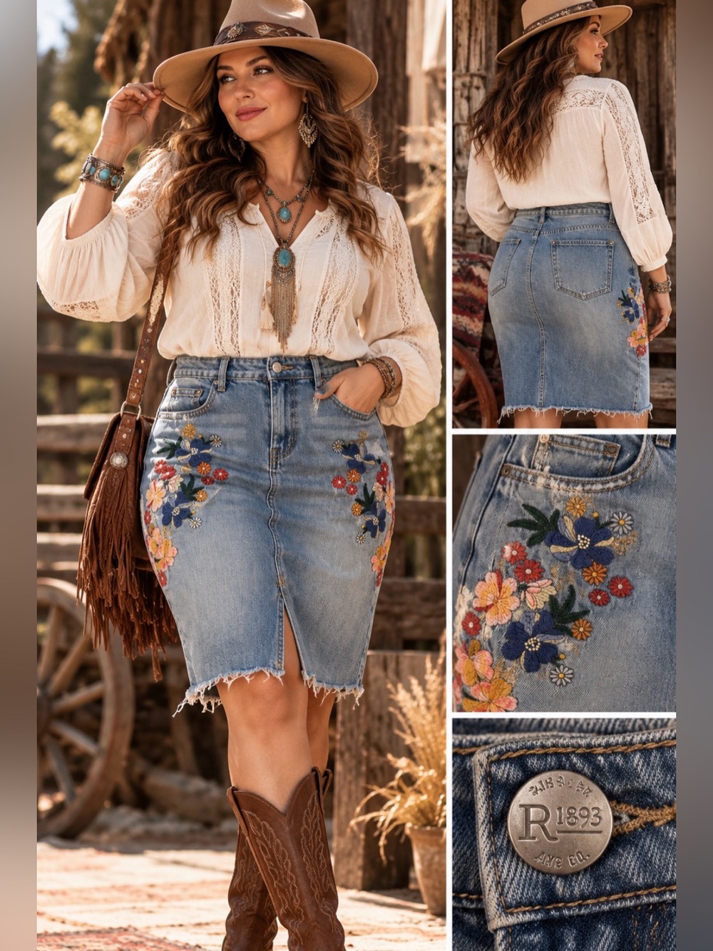 R1893 /Embroidered Western Denim Pencil Skirt -distressed hem- pockets - 34” L